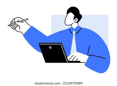 Hombre con una camisa azul trabajando en una computadora portátil y escribiendo con un lápiz en la mano. Ideal para productividad, trabajo remoto, trabajo de oficina, multitarea, ilustración digital. Vector limpio y minimalista.