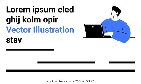 Man in blue shirt working on a laptop, surrounded by placeholder text and horizontal lines. Ideal for website banners, blog posts, educational content, online courses, presentations, infographics