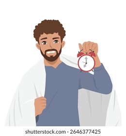 Homem de camisa azul e envolvido em um cobertor parece alarmado enquanto segura um relógio tocando. Ilustração de caractere de vetor plano