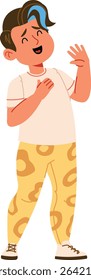 A man with a blue streak in their hair and patterned pants laughs joyfully. The character expresses happiness with a hand on their chest and an open smile. Cartoon vector illustration.
