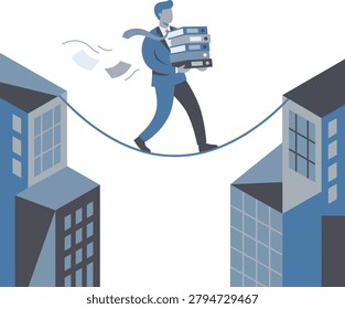 A man in a blue suit balancing on a tightrope holding boxes between two buildings