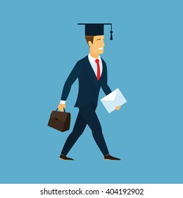Man in blue suit with brown briefcase. Graduate of the University in the academic cap with a brush on his head and with folder in hands. Happy End of study. Happy student receives a diploma. Vector.