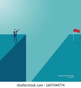 Man in a blue suit. Businessman holding telescope looking reach the other side of the cliff. Business vision concept, Achievement, Career, Leadership, Vector illustration flat