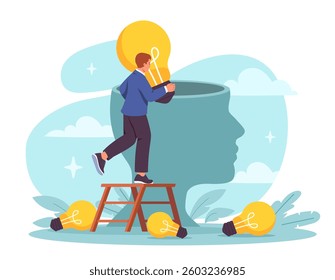 A man in a blue suit climbs a ladder to place a glowing light bulb inside a giant open head. The background features clouds and abstract shapes. Concept of creativity and ideas. Vector illustration