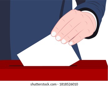 Man with blue suit putting white ballot in red election box. A US flag color themed illustration