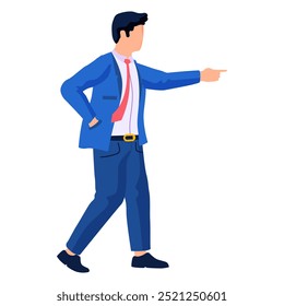 A man in a blue suit with a red tie is pointing forward confidently. Ideal for business communication professional attire leadership corporate presentations and confident body language. Simple flat