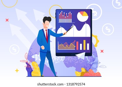 Man in Blue Suit Shows Pointer Chart. Screen Tablet with Schedule Increase and Decrease. Flat Vector Illustration. On Background Planet Earth. Global Trends and Latest News. Business Analytics.
