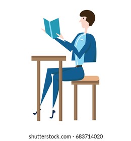The man in the blue suit sitting at a table reading a book. Vector illustration in flat style, isolated on white background.
