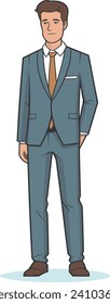 A man in a blue suit stands confidently with his hands at his sides in this vector illustration.