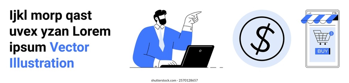 Man in blue suit using a laptop and pointing accompanied by a dollar sign and an online shop symbol on the right. Ideal for business products technology online shopping presentations. Banner