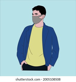 THE MAN IN THE BLUE SUIT AND WEARING A MASK