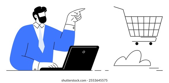 Man in a blue suit working on a laptop and pointing towards a shopping cart graphic. Ideal for ecommerce, online shopping, digital marketing, business management, and technology education themes