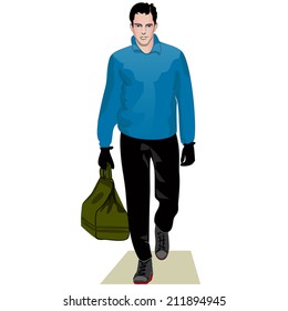 Man in blue sweater and black pants