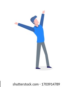 Man in blue sweater and grey trousers standing with hands up isolated cartoon character. Vector animated faceless male in flat style, business worker