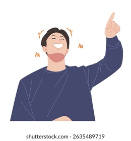 A man in a blue sweater laughs while pointing at something he finds very funny