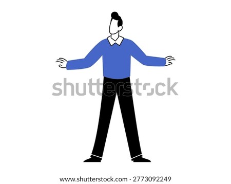 Man in blue sweater standing with arms open vector illustration. Business strategy, future vision, career growth, decision making, personal development, lifestyle. Male character gesturing