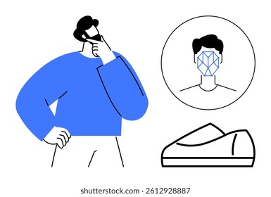 Man in blue sweater thinking facial recognition icon inside a circle shoe sketch. Ideal for technology, AI, fashion, innovation, design thinking, product development, creative process. Line metaphor