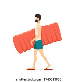 Man in blue swim shorts goes to the beach or pool with an inflatable mattress. Funny guy isolated on white background. Illustration in flat cartoon style can be used for summer design, posters, banner
