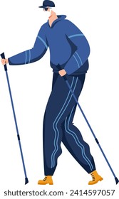 Man in blue tracksuit using Nordic walking sticks outdoor. Active senior male enjoys fitness walking. Healthy lifestyle and exercise concept vector illustration.