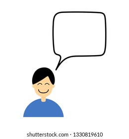 Man in a blue t-shirt with a blank speech bubble