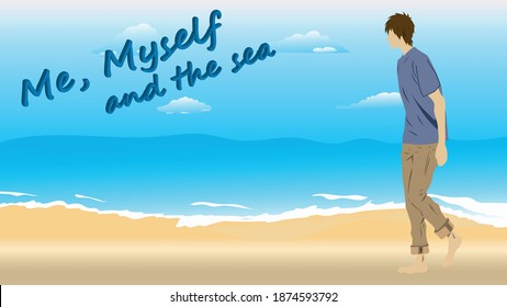 A man with a blue t-shirt and brown trousers walking on the beach by the sea. Me, Myself and the sea.