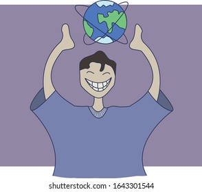 A man in a blue T-shirt holds the planet Earth above his head on a purple background. Vector illustration.