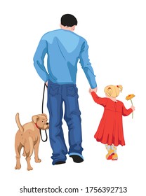 Man in blue t-shirt and jeans walking with his daughter in red dress with a yellow flower in her hand, dog looking back. Vector