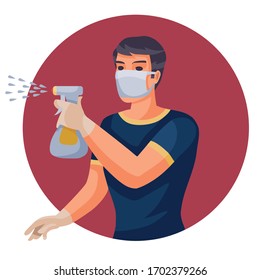 a man in a blue T-shirt and with a mask on his face sprays a disinfector through a pulivator, vector illustration,
