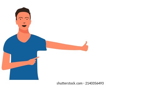a man in a blue t-shirt points his hand to the side. Illustration for the presentation.