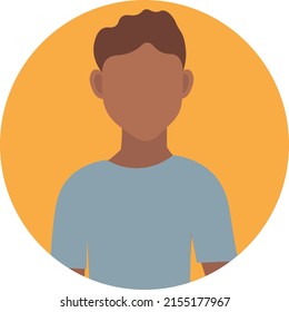 Un hombre con una camiseta azul en un círculo amarillo con el pelo ondulado. Niño avatar en círculo. 