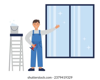 A man in a blue uniform cleaned a window with a glass scraper and cleaning solution. Window cleaning, stepladder and bucket of soapy water. Vector illustration