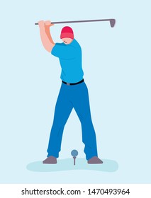 Man in Blue Uniform Playing Golf Abstract Illustration. Flat Vector Professional Golfer or Amateur on Court or in Park. Hobby, Summer Sport and Physical Activity. Cartoon Faceless Character