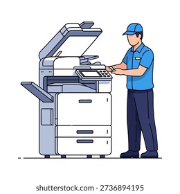 Man in blue uniform standing next to a large office copier machine