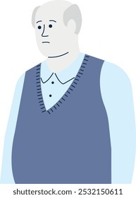 A man in a blue vest is looking down