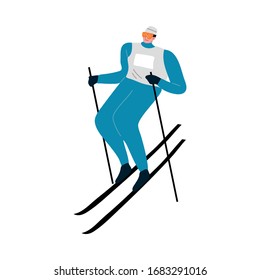 Man in blue winter suit skiing fast down the mountain. Vector illustration in the flat cartoon style