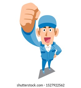 A man in blue work clothes holding a fist