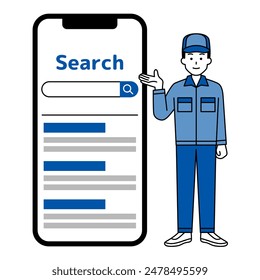 Man in blue work clothes holding a large smartphone and guiding a search