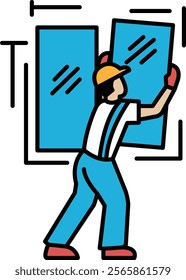 A man in blue work clothes is holding a window frame. Concept of hard work and dedication, as the man is focused on his task. The blue color of the man's outfit