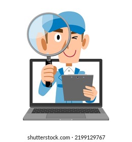 Hombre con ropa de trabajo azul investigando en línea