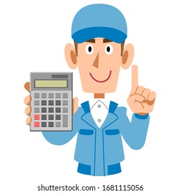 Un hombre vestido de azul muestra y explica una calculadora