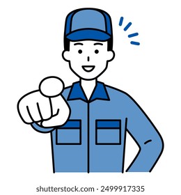 Man in blue work clothes smiling and choosing
