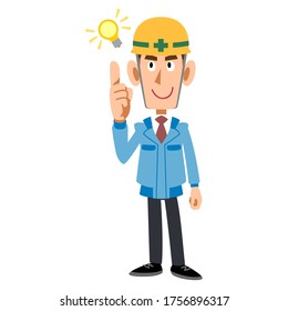Un hombre con ropa de trabajo azul usando casco para pensar