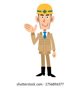 A man in a blue work clothes wearing a helmet to guide