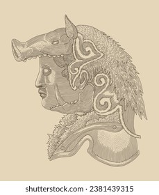Man with boar mask in side view, vintage engraving drawing style illustration