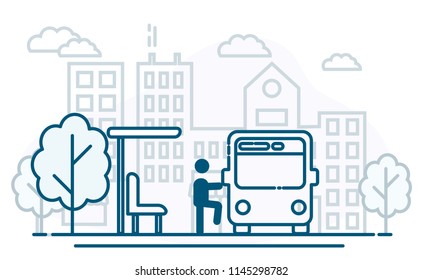 Man boarding the bus. Stop bus. Public transport