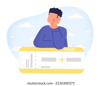 Man with Boarding pass concept. Young male character relies on ticket and dreams of traveling to other countries. Guy getting ready for vacation and plane flight. Cartoon flat vector illustration