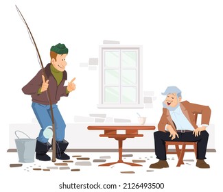 Man boasts of his catch. Male shows a friend size of fish he has caught. Illustration concept template for website, web landing page, banner, presentation, social, poster, promotion or print media.