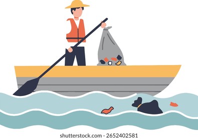 Man in a boat cleaning up trash from the water with a net, wearing a life vest and a hat.