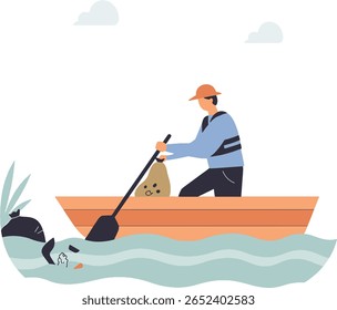 Man in a boat cleaning up trash from the water with a net, wearing a life vest and a hat.