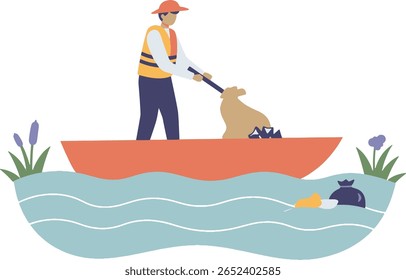 Man in a boat cleaning up trash from the water with a net, wearing a life vest and a hat.